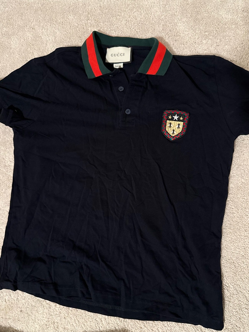 Gucci Navy Polo with Green and Red Stripe Collar